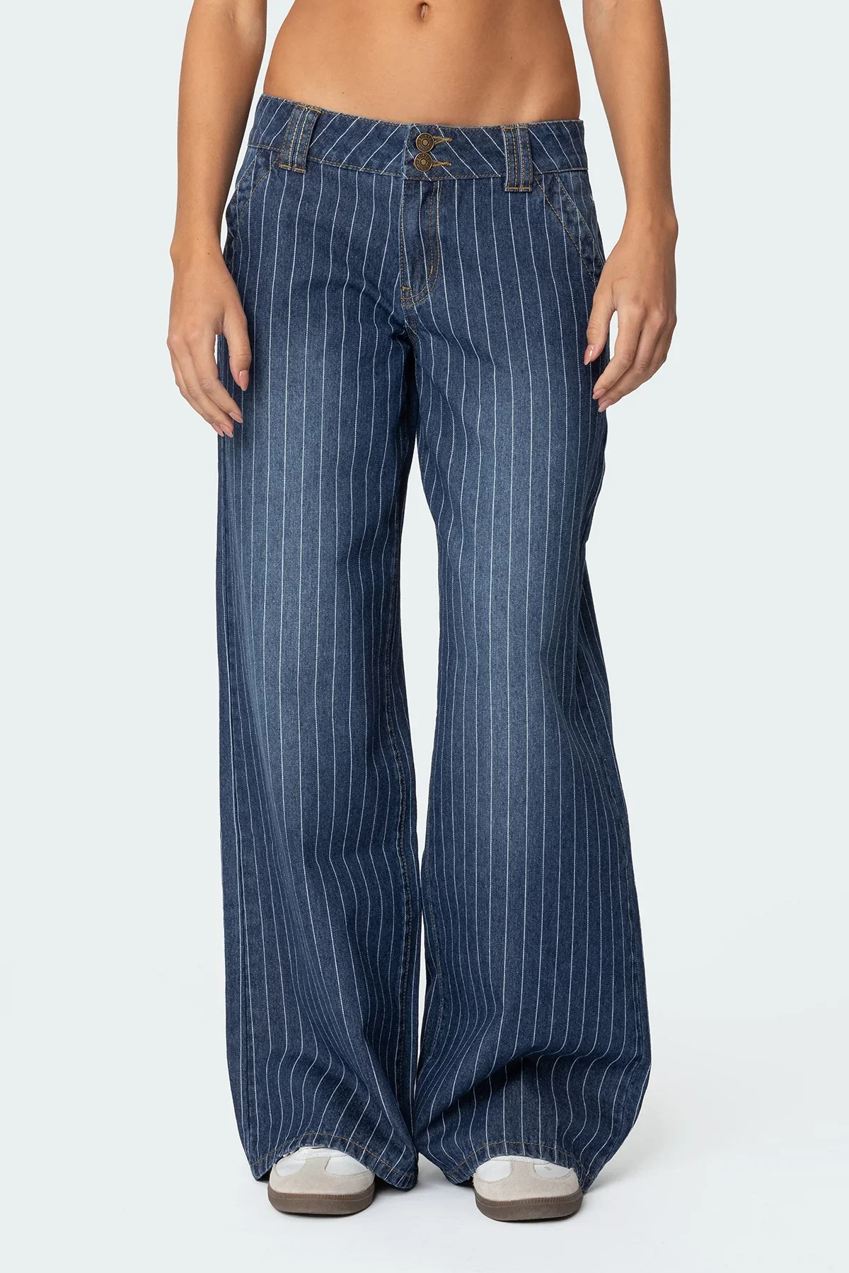 Vintage Wide-leg Striped Jeans For Women - Blue Distressed Denim_voghion.com
