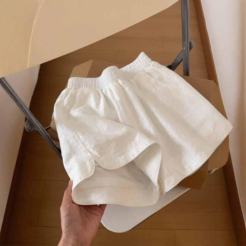 Highly Recommended! Simple Versatile Petite A-Line High-Waisted White Cotton Linen Shorts for Women Summer Split Wide-Leg Pants