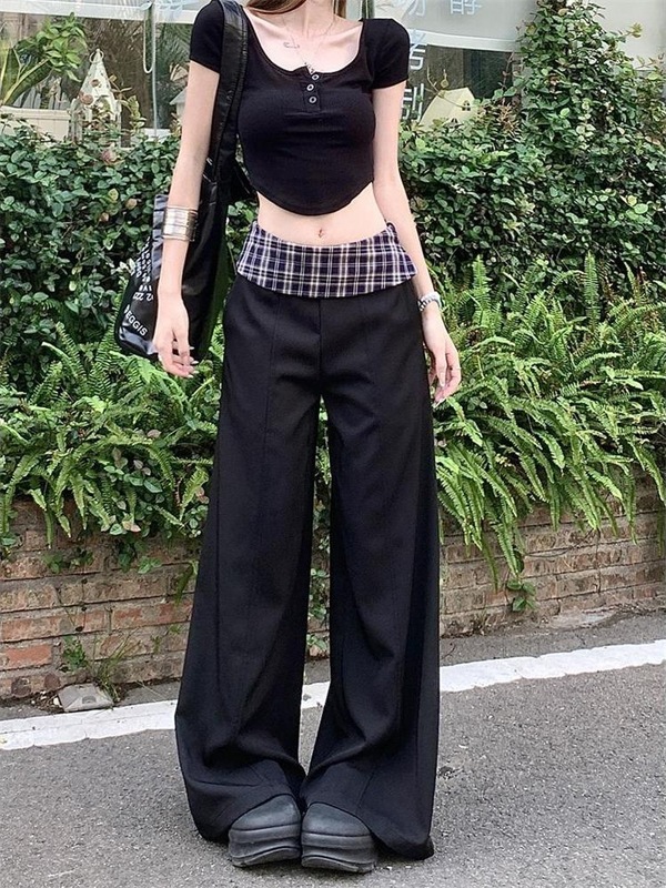 设计感格子拼接西装阔腿裤女2025秋季新款宽松显瘦百搭垂感拖地裤|undefined