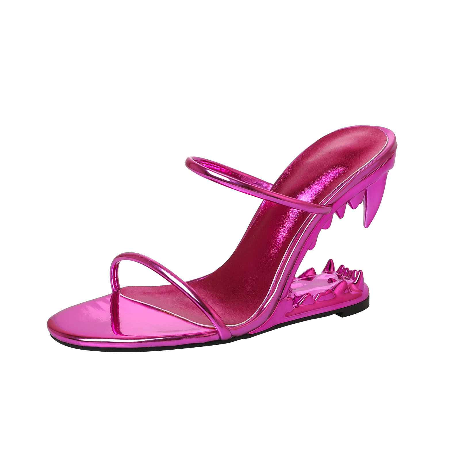 Chanclas de punta redonda transfronterizas, tacones de dientes de tigre huecos, zapatillas de cuña, nueva combinación de banda delgada tejida, sandalias de espina de tacón súper alto