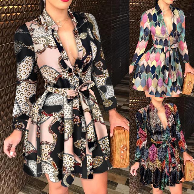 Long-Sleeved V-Neck Strap Sexy Printed Dress NSYF65912