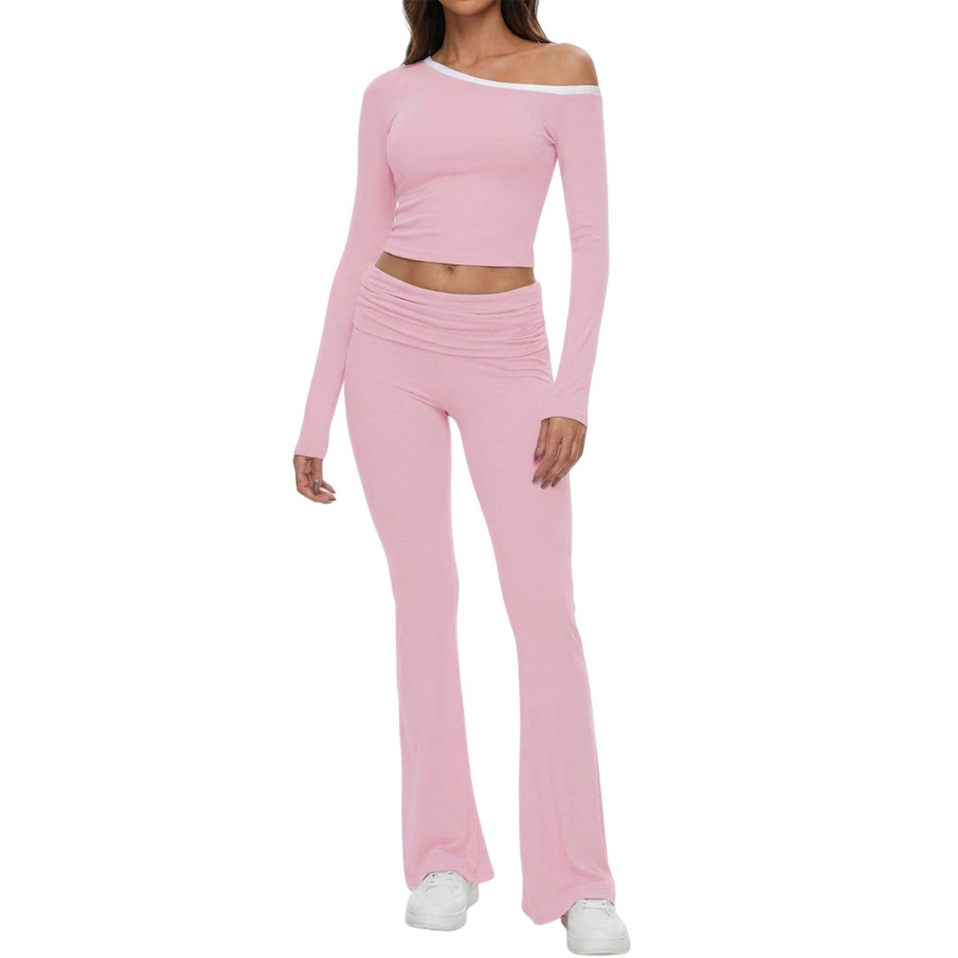 Women's Sexy Off-Shoulder Ribbed Crop Top With Low-Rise Flared Pants Set, Stretchy T-Shirt And Bell Bottom Joggers, Trendy Solid Color Outfit_ecoleips.com