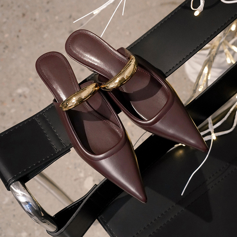 Simple Pointed Mueller Slippers Women's French Style Thick Heel Mid-Heel Half Slippers Metal Toe Sandals Half Row