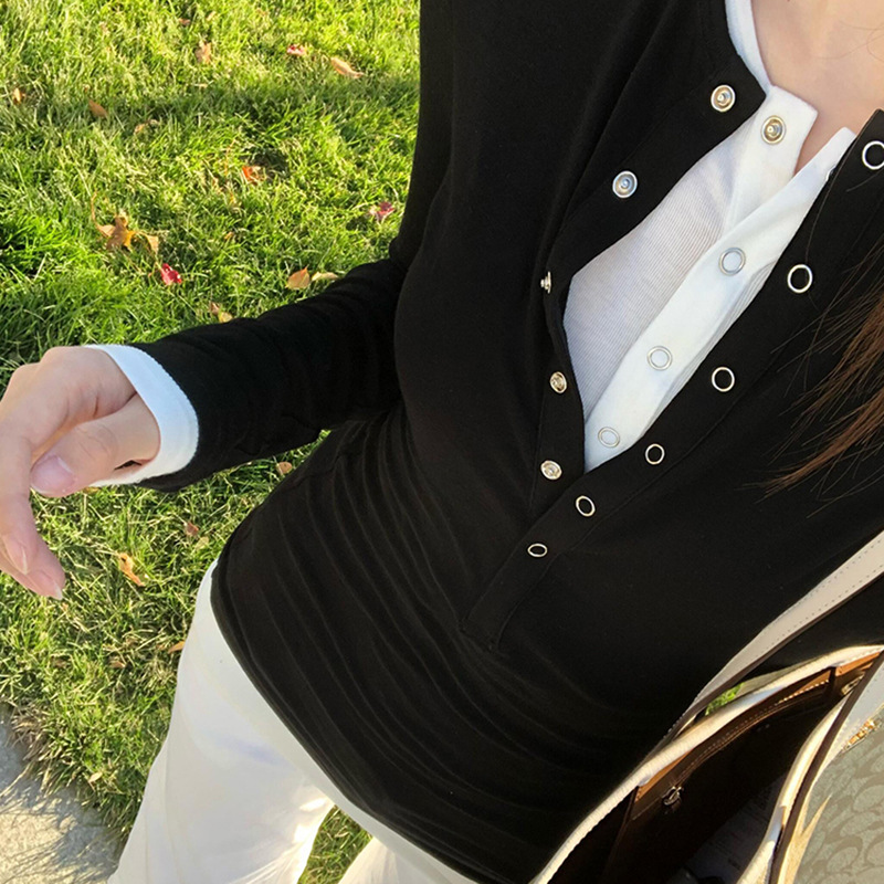 黑色亨利领打底衫上衣女春秋季韩系高级感气质内搭设计感长袖t恤|undefined