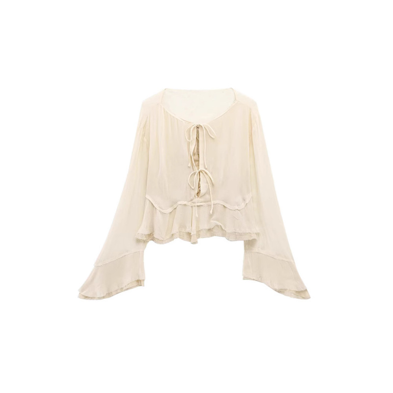 Spring and Summer New Women's Clothing, Fashionable and Versatile, Casual Style, Loose Round Neck, Round Neck, Bell-Shaped Lace-Up Sleeve Shirt Top Spring and Summer New Women's Clothing, Fashionable and Versatile, Casual Style, Loose Round Neck, Round Neck, Bell-Shaped Lace-Up Sleeve Shirt Top
