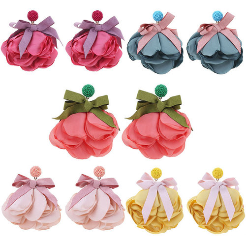 Original design fabric bow flower earrings European and American fashion exaggerated holiday style long bridal earrings wholesale