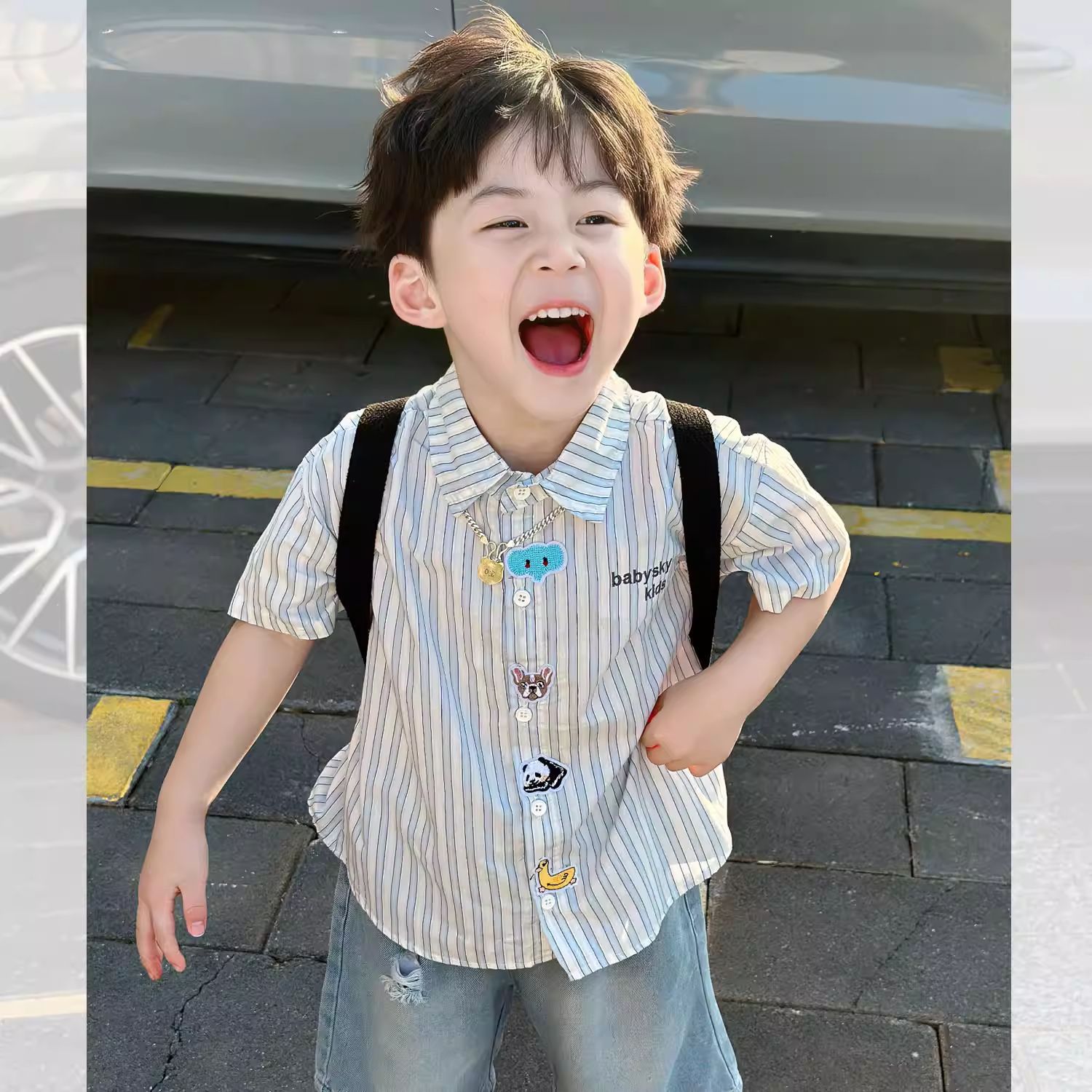 Cross-border children's shirt, 2026 summer new style, boys' summer clothes, cartoon zoo collar, pure 100 short-sleeved shirt