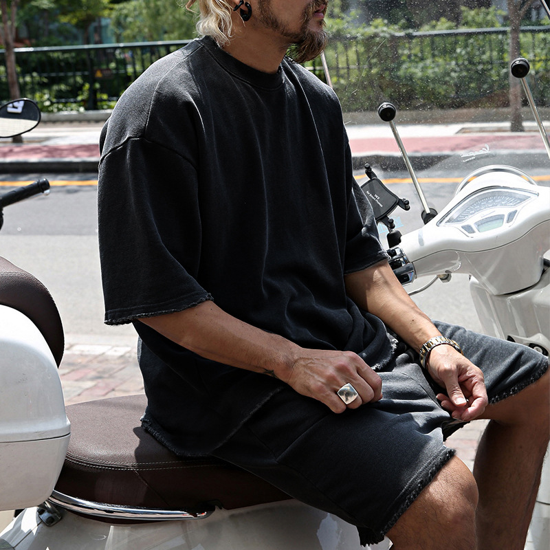 427g Weight Short Sleeve Sleeve Length Cotton Blend Fabric Type Shorts Sets Sets Type 2 Pieces Set Quantity Sports Occasion Round Neck Neckline Regular Fit Fit Type Solid Color Pattern Summer, Spring Season Men's Gender Casual Style Men's Solid Color Shorts Sets Men's Clothing 5