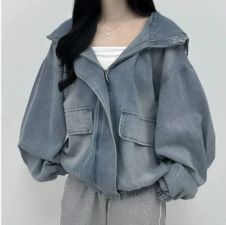 Джинсовая куртка с капюшоном на молнии, корейский oversize, ретро длинный рукав, демисезонная