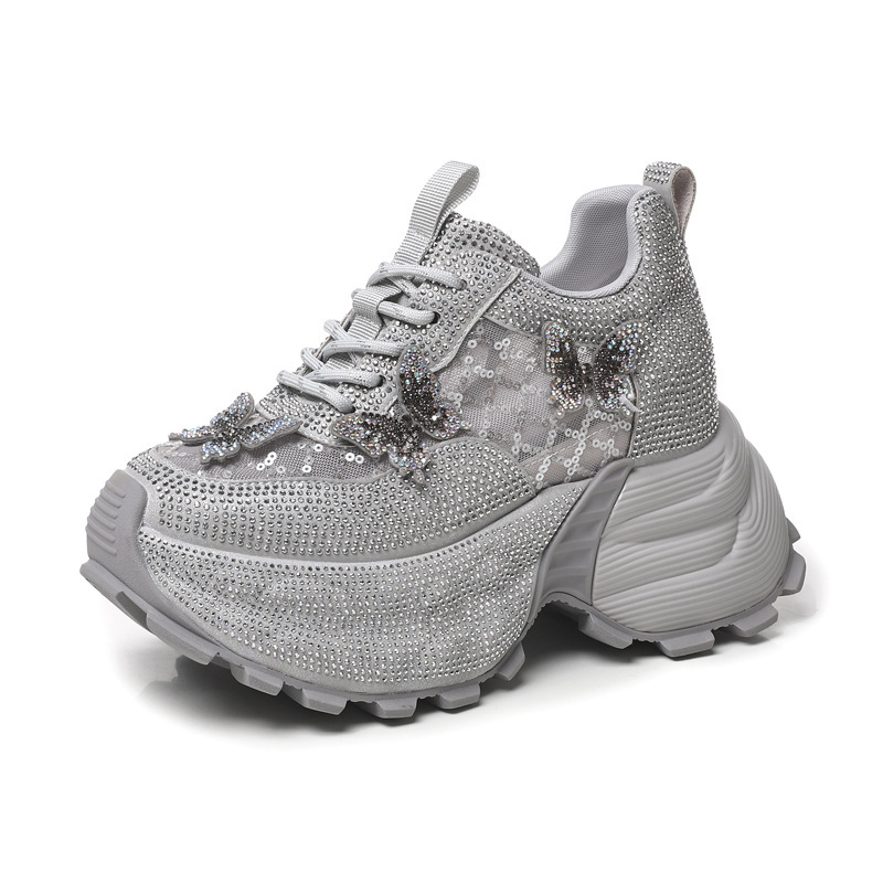Giày sneaker nữ chunky đế dày đính đá pha lê thời trang — màu be
