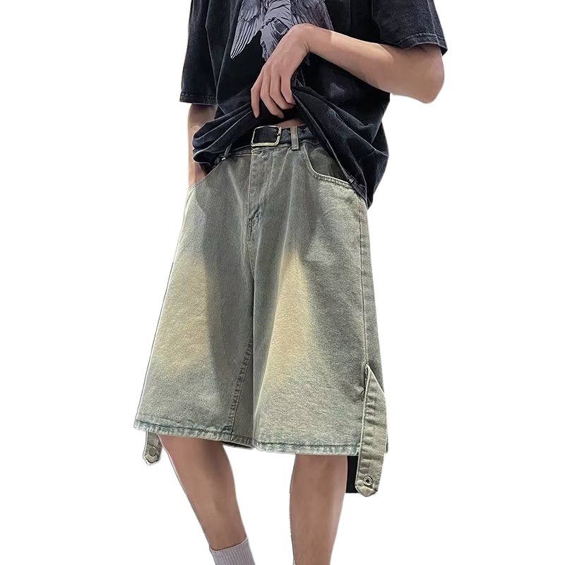 Pantalones cortos de mezclilla teñidos de barro amarillo retro americano para hombres pantalones de herramientas de moda de estilo fino de verano