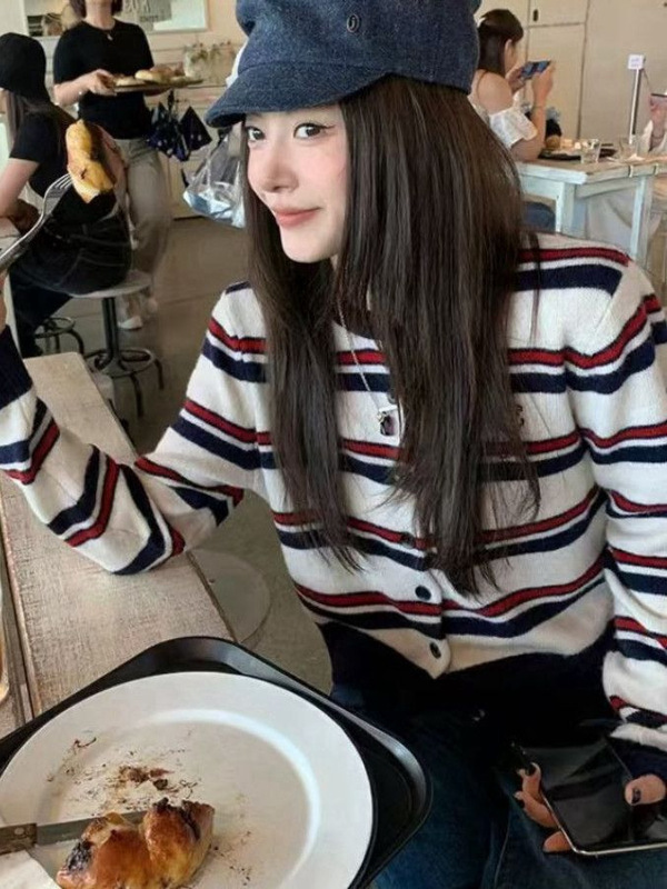 春秋季打底衫长袖条纹针织衫圆领miu系小狗开衫跨境外贸小外套女|undefined