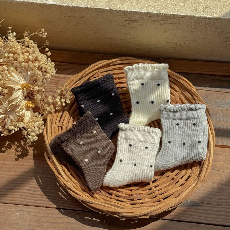 Girls' Mid-Tube Socks for Autumn, Children's Black, White, Gray Korean-Style Polka Dot Socks for Girls, Baby Dot Autumn and Winter Lace Socks