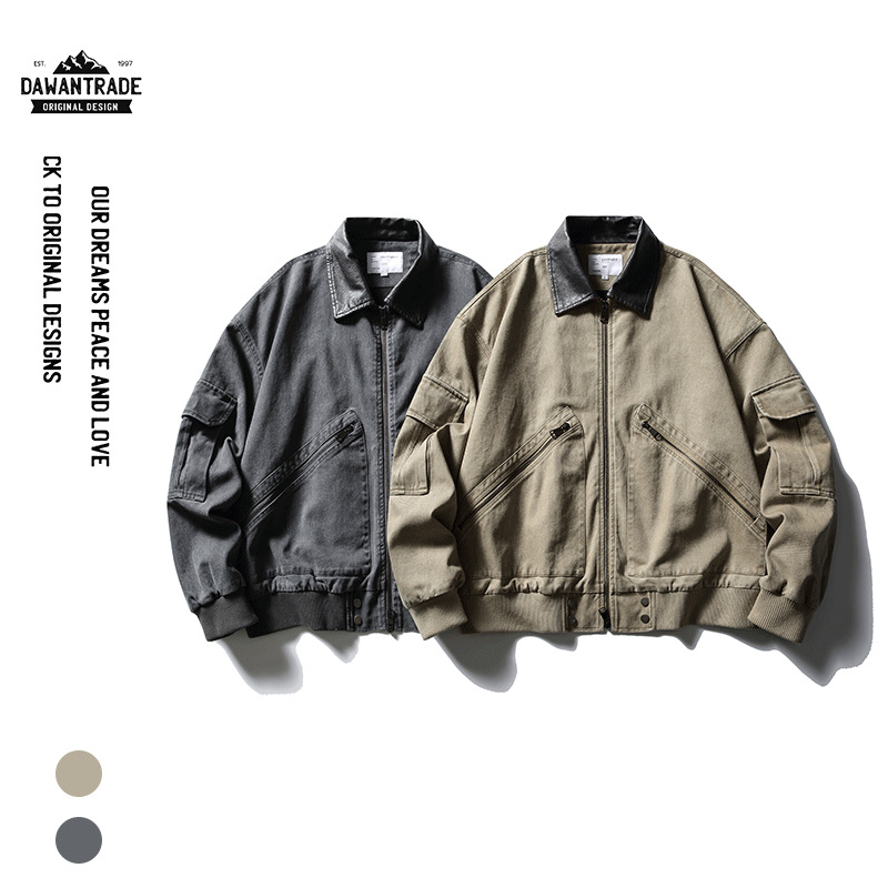 Autumn retro solid color jacket with zipper for men and women