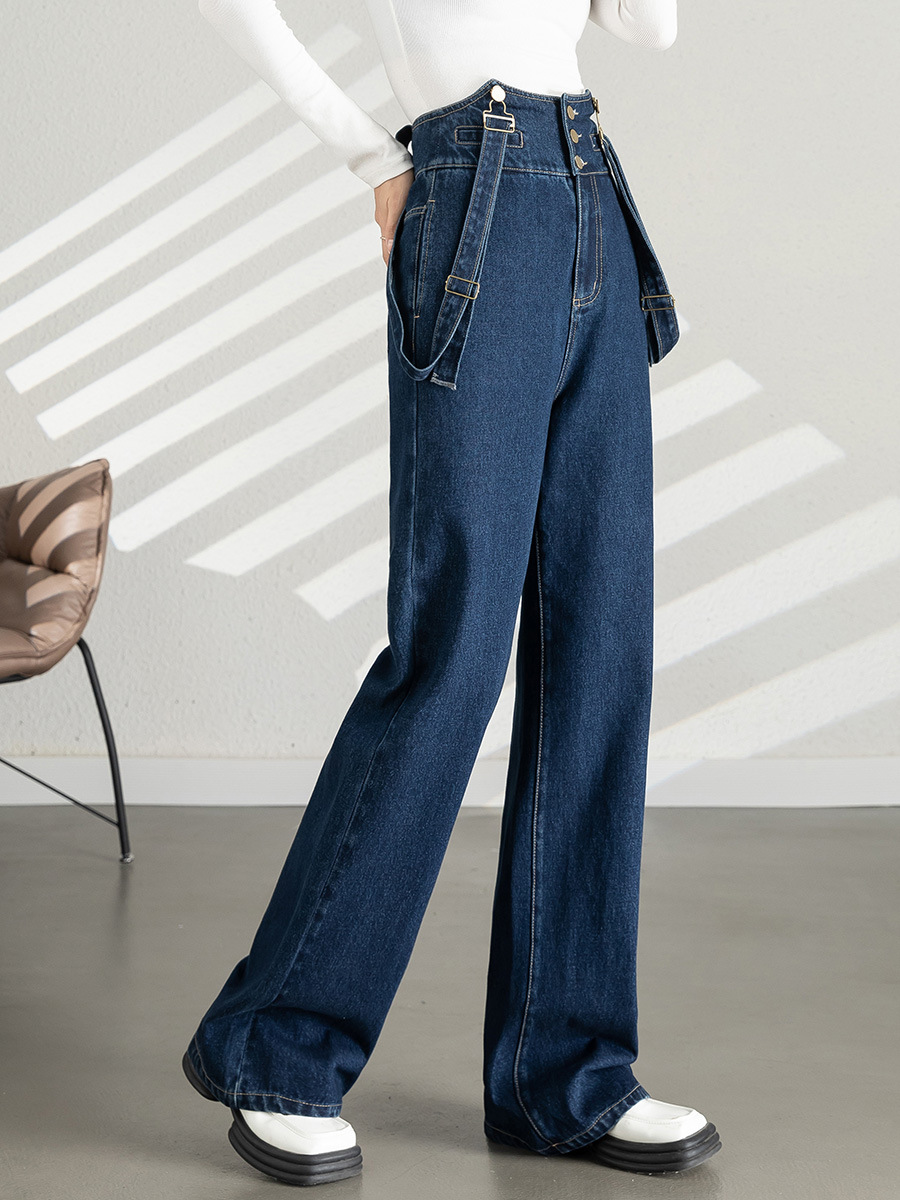 Yếm quần nữ denim ống rộng phong cách Hàn Quốc — xanh lam
