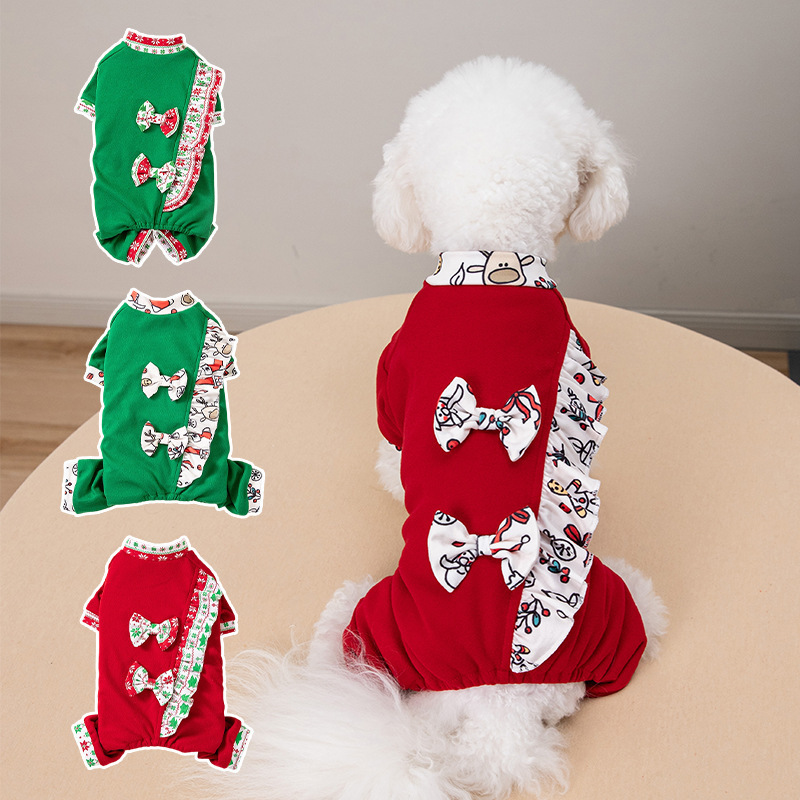 Christmas-Themed Pet Jumpsuit with Bow Decoration, Holiday Outfit with Ruffled Lace Design, Teddy Dog Clothes Christmas-Themed Pet Jumpsuit with Bow Decoration, Holiday Outfit with Ruffled Lace Design, Teddy Dog Clothes