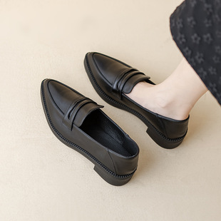 Lefu Shoes Women's Pointed Thick Heeled Professional Small Leather Shoes Spring and Autumn Simple Style Office Women's Shoes Slip-on Shoes