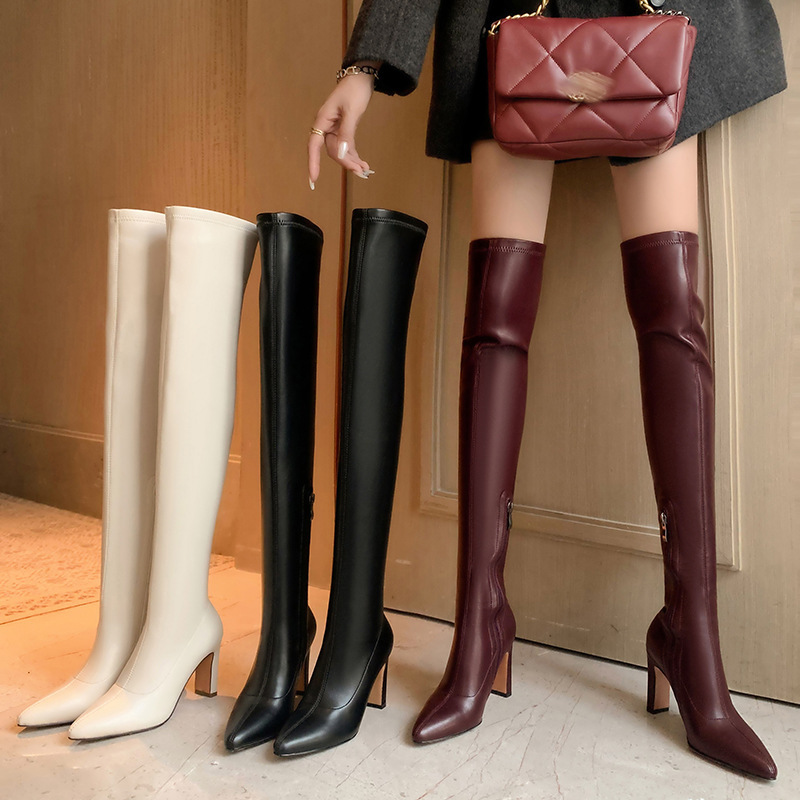 High-Heeled Over-The-Knee Elastic Boots New Sw Pointed Toe Chunky Heel Large Size Foreign Trade Side Zipper Leg-Hugging Non-Slip Long Boots