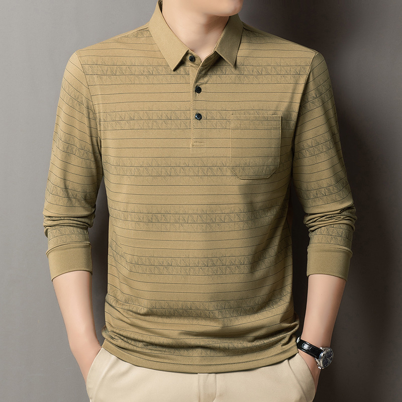 2026 Spring New Model: Middle-aged and Elderly Men's Long-sleeve Polo Shirt with Collar, Real Pockets, and Stripes 2026 Spring New Model: Middle-aged and Elderly Men's Long-sleeve Polo Shirt with Collar, Real Pockets, and Stripes