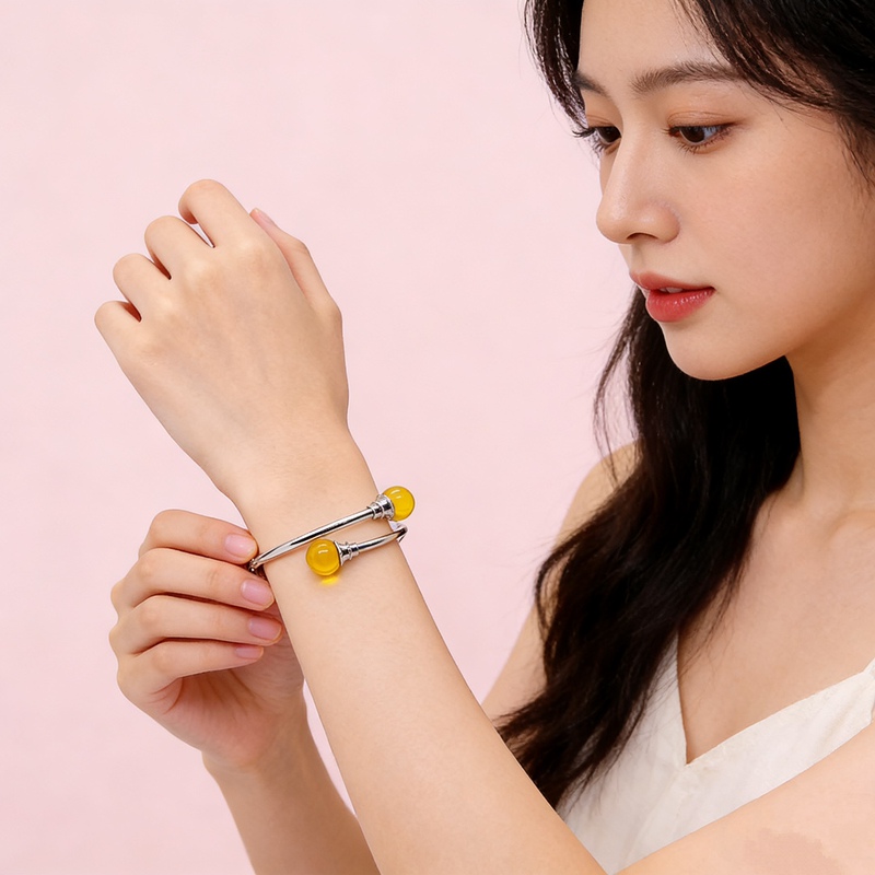 10mm Mexican Blue Amber Inlaid with Italian Hollow Elastic Tube S925 Silver Bracelet, Italian Craftsmanship 10mm Mexican Blue Amber Inlaid with Italian Hollow Elastic Tube S925 Silver Bracelet, Italian Craftsmanship