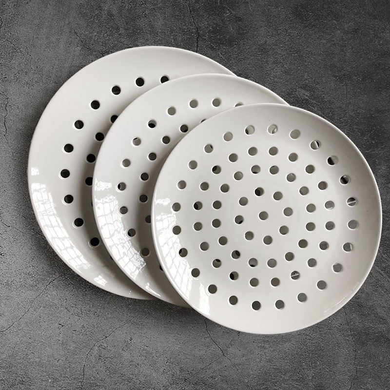 Ceramic porous steaming plate steamed seafood creative commercial dumpling plate round steamed dish steamed fish steamed bun draining plate