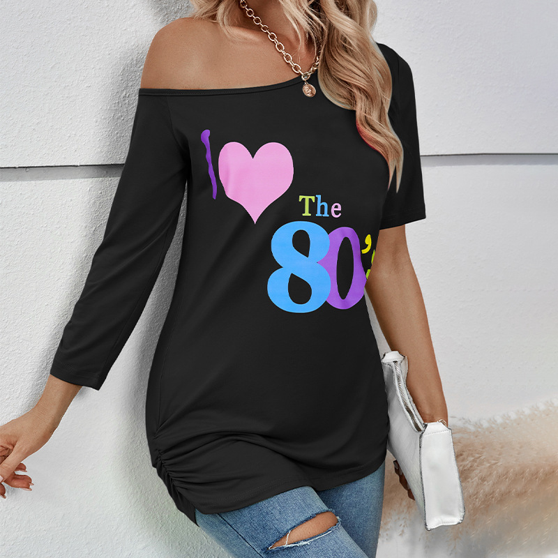 Autumn European and American Lips 80S Printed Off-Shoulder Asymmetrical Sleeves Long Amazon Fashion Slim Top T-Shirt for Women