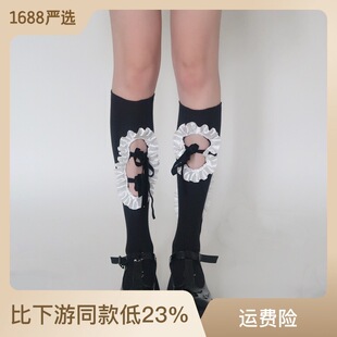 Spring and Autumn Distinctive Sweet Cool Hollow Strap Mid-tube Socks Pleated Lace Bow Calf Socks Black and White Design Sense Beauty