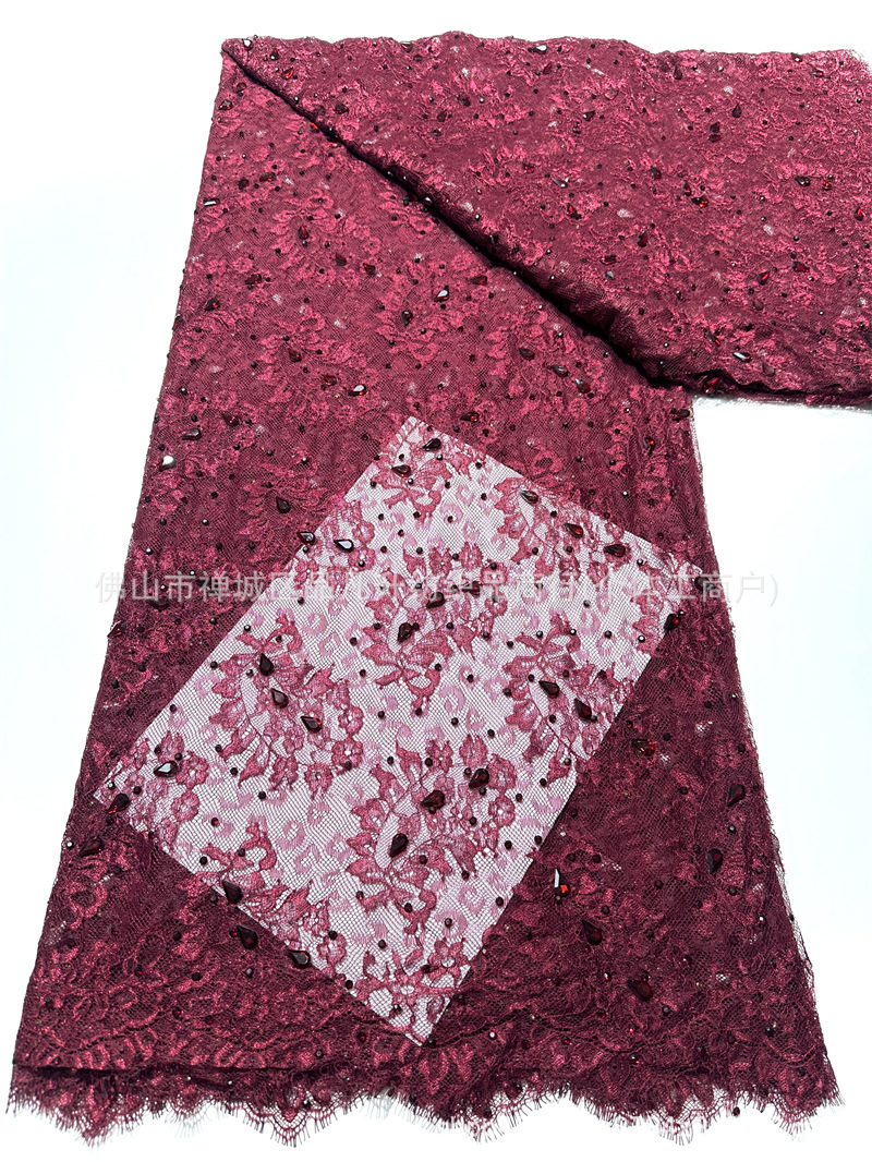 Champaña oro pesado clavos tela de encaje goteo taladro de mano encaje cosido tela de vestido de boda alta