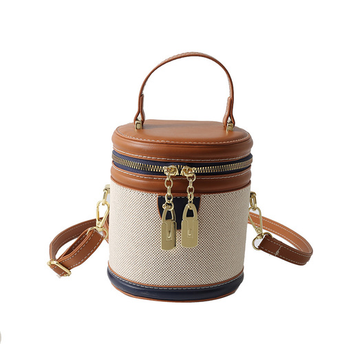 Retro Bucket Bag for Women  New Hand-held Fashion Contrast Color Cylinder Bag High-Looking Exquisite Shoulder Crossbody Bag