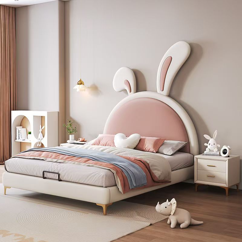 Children's Bed Girl Pink Cartoon Bed Internet Celebrity Rabbit Princess Bed Light Luxury Simple Modern Dreamy Solid Wood Girl's Bed