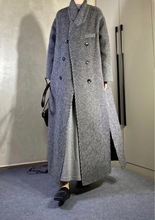 灰色人字紋對花羊毛西裝領長袖氣質通勤修身型雙面羊絨純色大衣