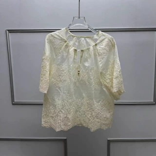 法式复古宫廷上衣谧静重工刺绣波浪边短袖衬衫圆领系带上衣新款