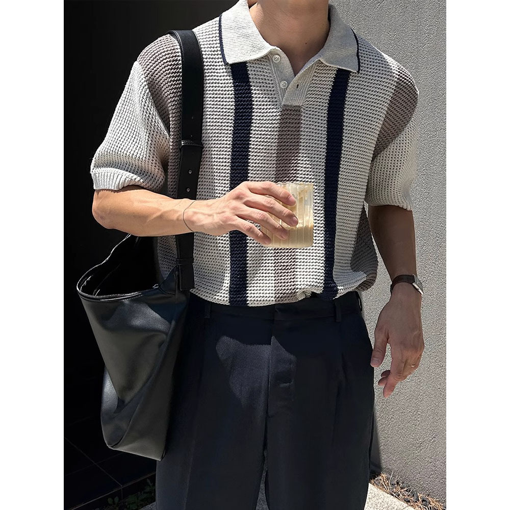 POLO camisa solapa suéter de manga corta hombres rayas huecas negocios británicos verano hielo seda marea comercio exterior transfronterizo al por mayor