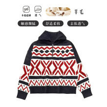 BC专柜品同款复古宽松针织衫女2025秋冬新款翻领100%美利奴羊毛衫