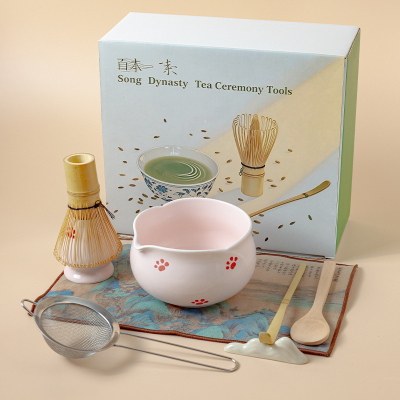 跨境日式抹茶碗抹茶套装百本立茶筅立粉红抹茶套装|undefined