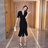 V-neck drawcord pleated slim mid length fishtail skirt