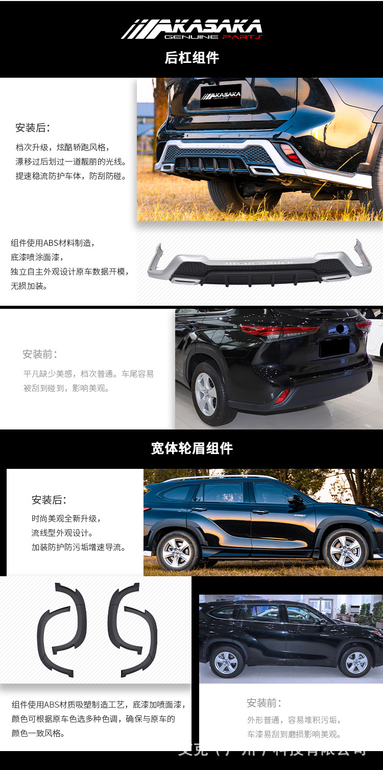 AKASAKA Suitable for 22 Highlander front bumper rear bumper modified front lip side skirt large surround front and rear bumpers