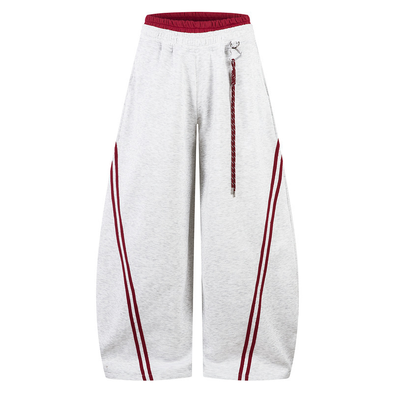 American Retro Striped Color-Blocked Red Inner Patchwork Double-Layered Casual Pants for Men and Women with a Loose Wide-Leg Design