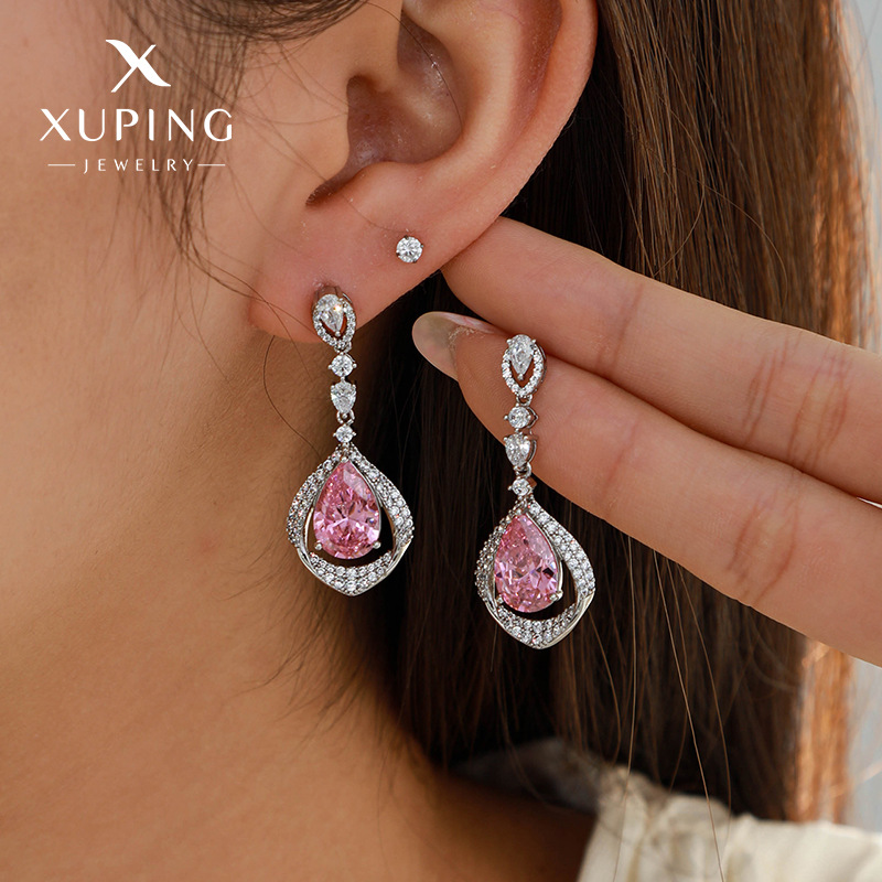 Xuping Caibao series nuevos pendientes de piedras preciosas artificiales rosas gotas de agua en forma de pera temperamento elegante Pendientes de alta gama mujeres