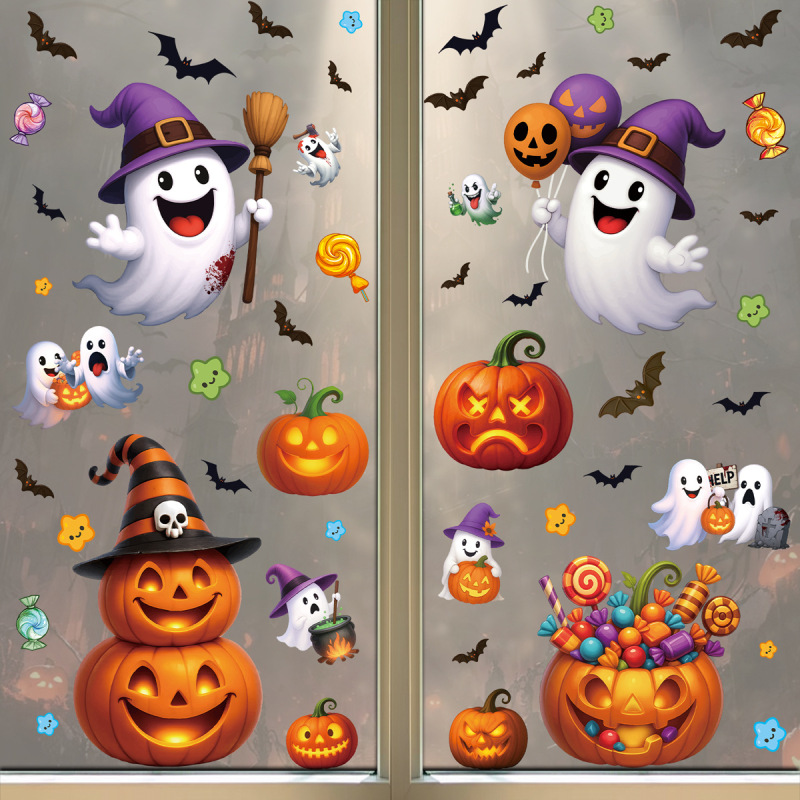 国境を越えた新しいハロウィーンの装飾カボチャガラスステッカーショッピングモールの窓シーンレイアウトキャンディーバット静電ステッカー|undefined