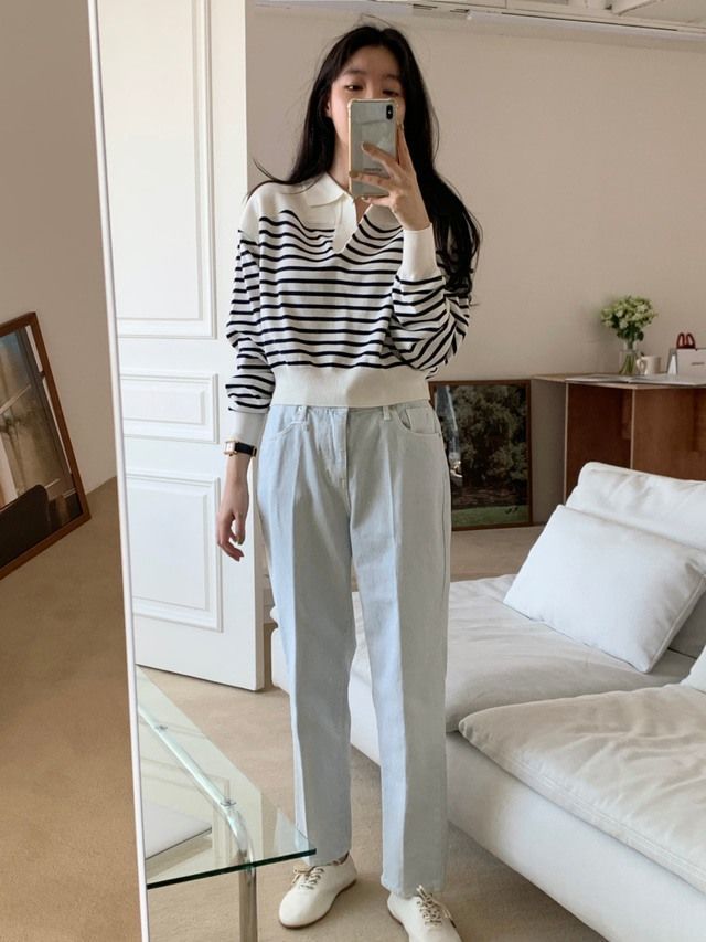 contrast striped lapel loose puff sleeve pullover sweater nihaostyles clothing wholesale NSFYF85645