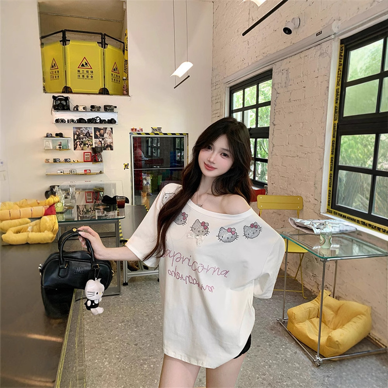 Thebestxue Ruth Style Oblique Shoulder Hot Diamond Kitty Head White Short-Sleeved T-Shirt Women's Summer Off-Shoulder Top