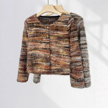 复古美式 混线彩虹拉链针织开衫条纹毛衣外套女内搭辣妹短款上衣