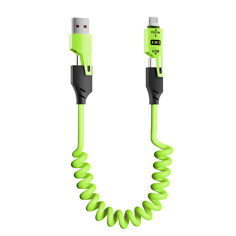 65W急速充電スプリング伸縮式TypeC 2-in-2データケーブル、AppleとHuaweiの急速充電に対応した4-in-1充電ケーブル