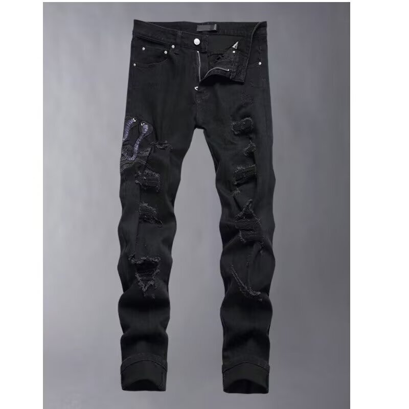 High Street Trendy Brand Amr Men's Black Irregular Ripped Distressed Jeans with Patches, Stretchy Slim Fit Skinny Pants High Street Trendy Brand Amr Men's Black Irregular Ripped Distressed Jeans with Patches, Stretchy Slim Fit Skinny Pants