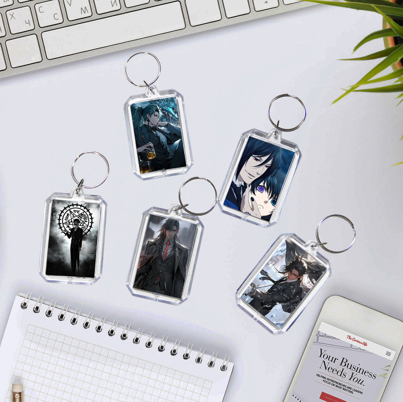 Black Deacon Double-sided Photo DIY Acrylic Keychain Creative Schoolbag Keyring Pendant All-match Gift Peripheral