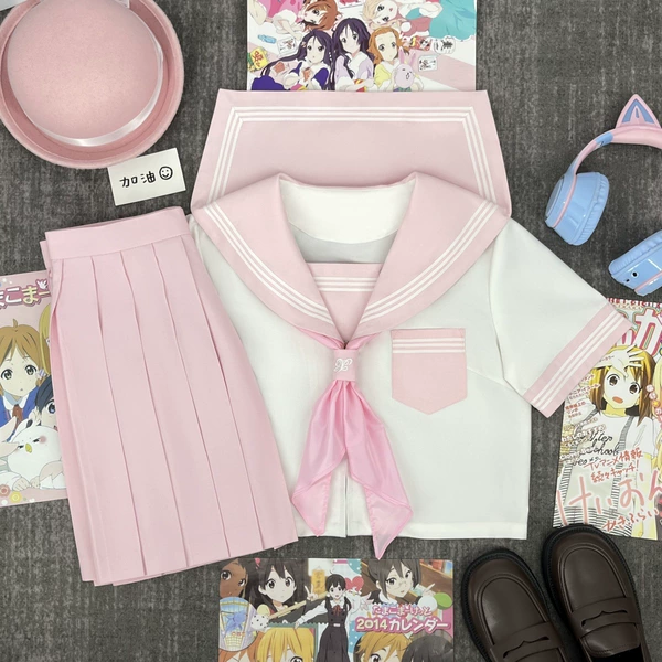 Pink collar and white three-book short sleeves full collar + glossy pink scarf + pink ring buckle + pink skirt