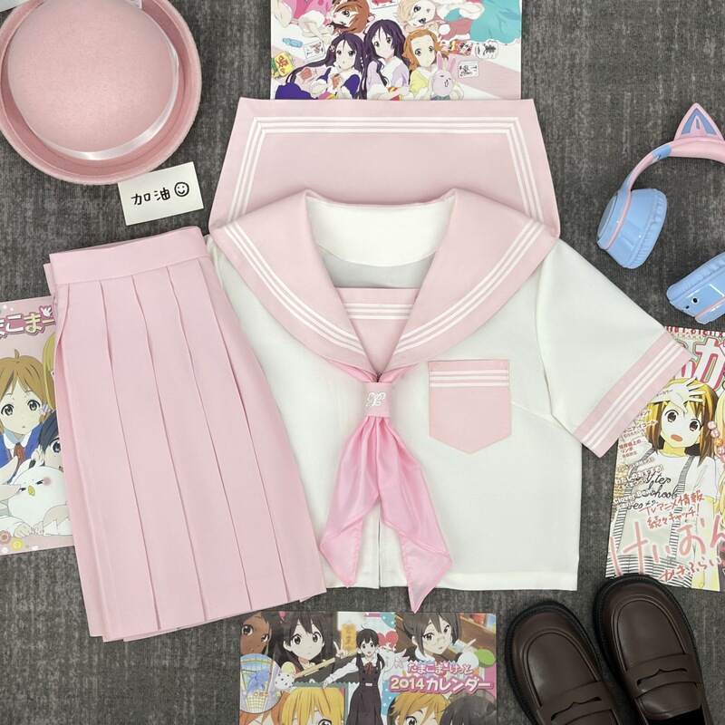 オリジナル JK 制服ピンク襟白三セーラー服本物の日本のカレッジスタイル夏秋女子学生クラス制服中間服|undefined