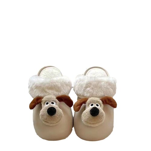 Cartoon puppy removable waterproof cotton slippers for women to wear outside in winter cute warm woolen cotton shoes confinement slippers for women