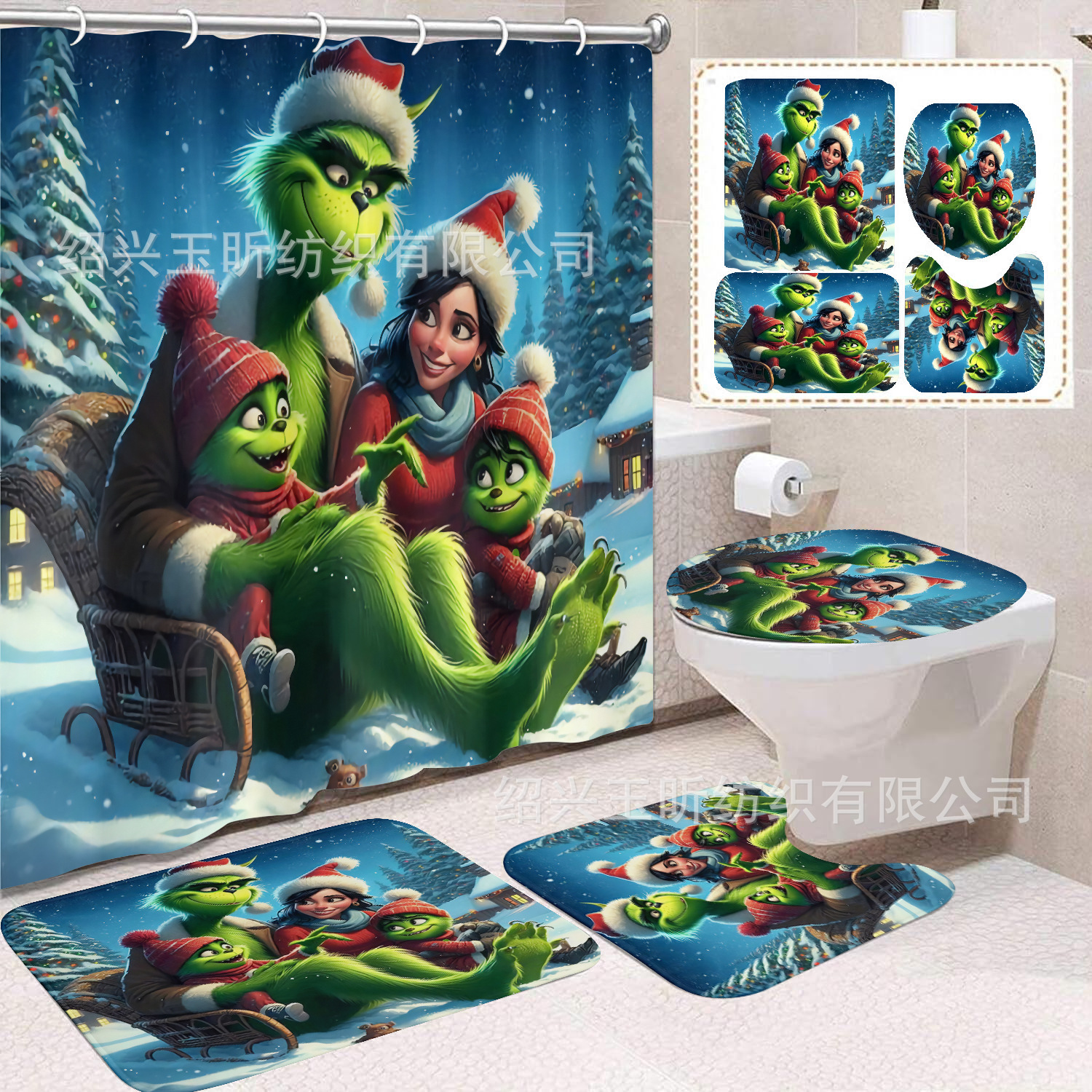 Tela de cortina de ducha transfronteriza, cortina de ducha impermeable, alfombra antideslizante de baño, juego de Grinch 4 de pelo verde al por mayor, sin perforación